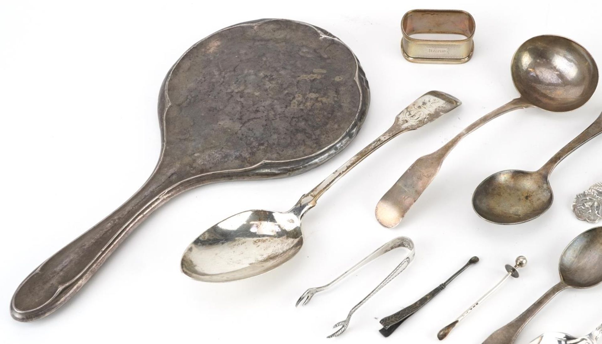 Georgian and later silver including tablespoon, napkin ring, sugar tongs and hand mirror, the - Image 2 of 7
