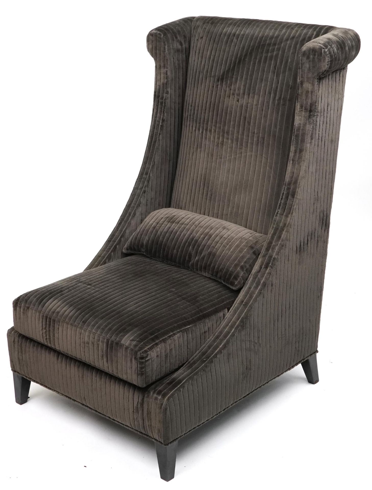 Contemporary dark olive green upholstered throne lounge chair with ebonised legs and cushion,