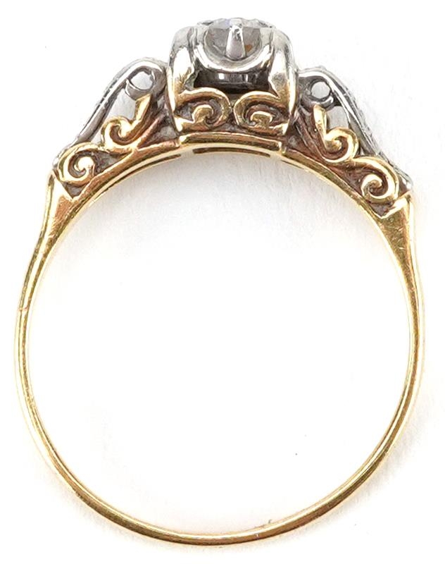 Unmarked gold diamond solitaire ring with ornate setting, total diamond weight approximately 0.15 - Image 3 of 3