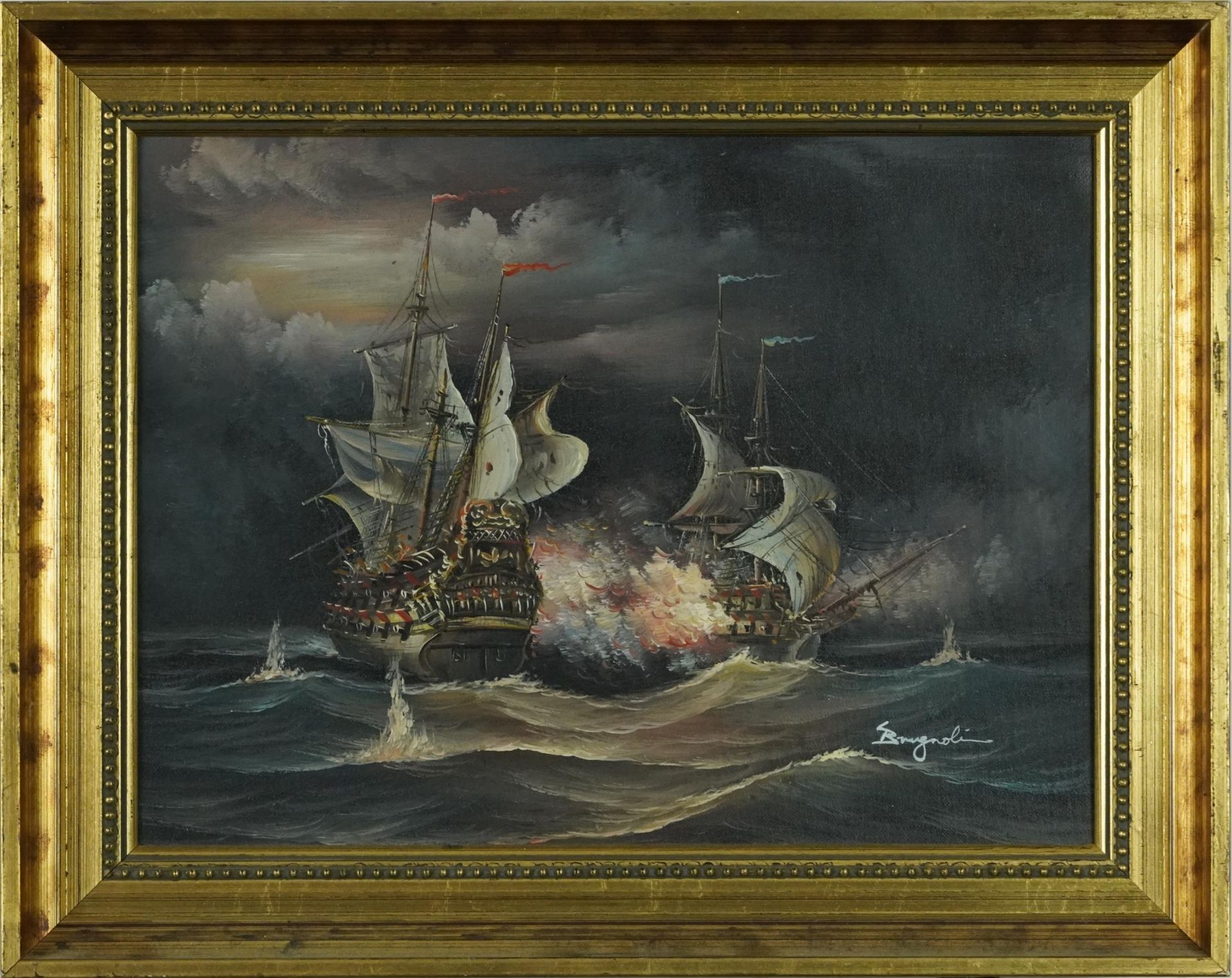 Men-O-War, naval interest oil on board, bearing an indistinct signature, mounted and framed, 39cm - Image 2 of 4