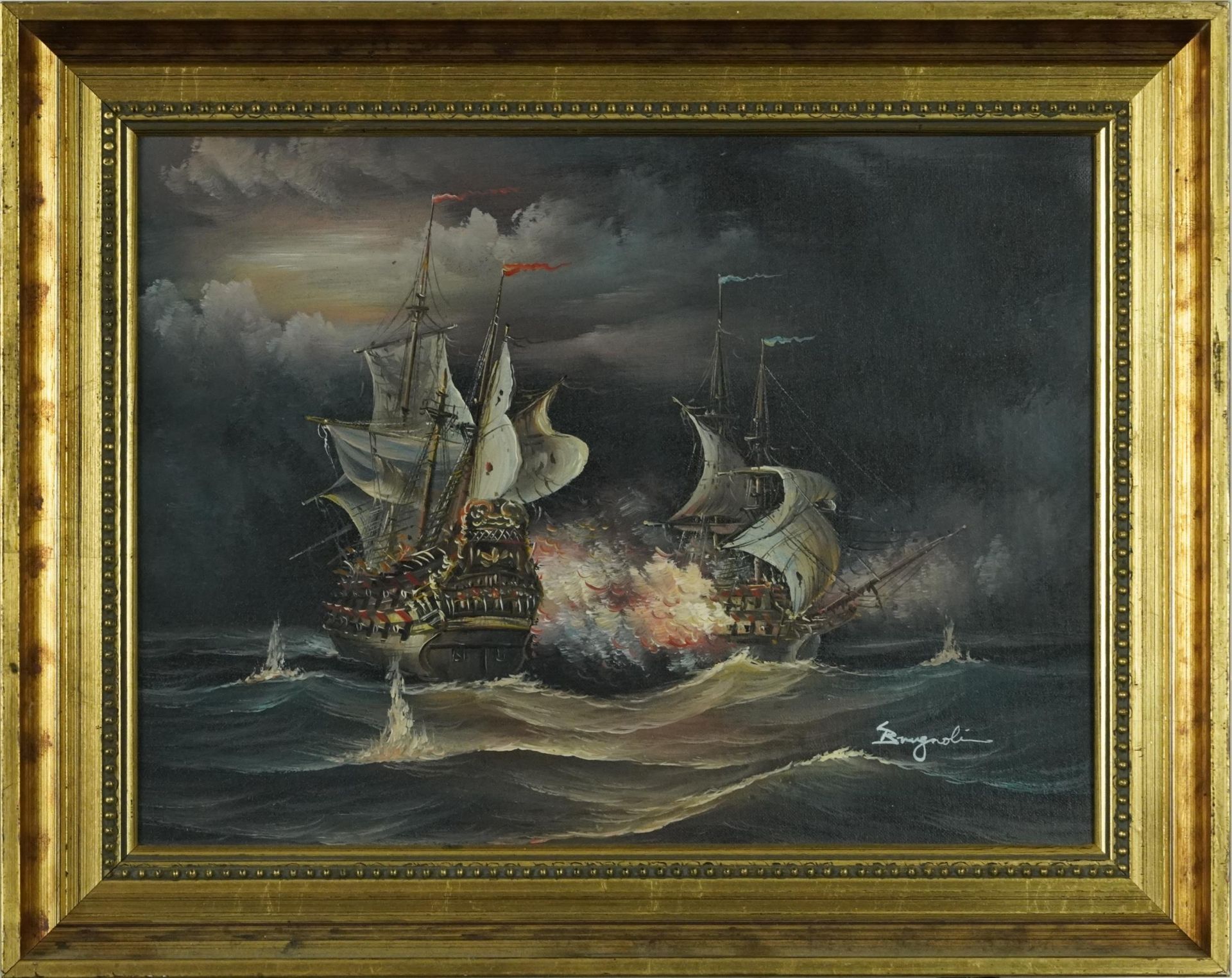 Men-O-War, naval interest oil on board, bearing an indistinct signature, mounted and framed, 39cm - Bild 2 aus 4