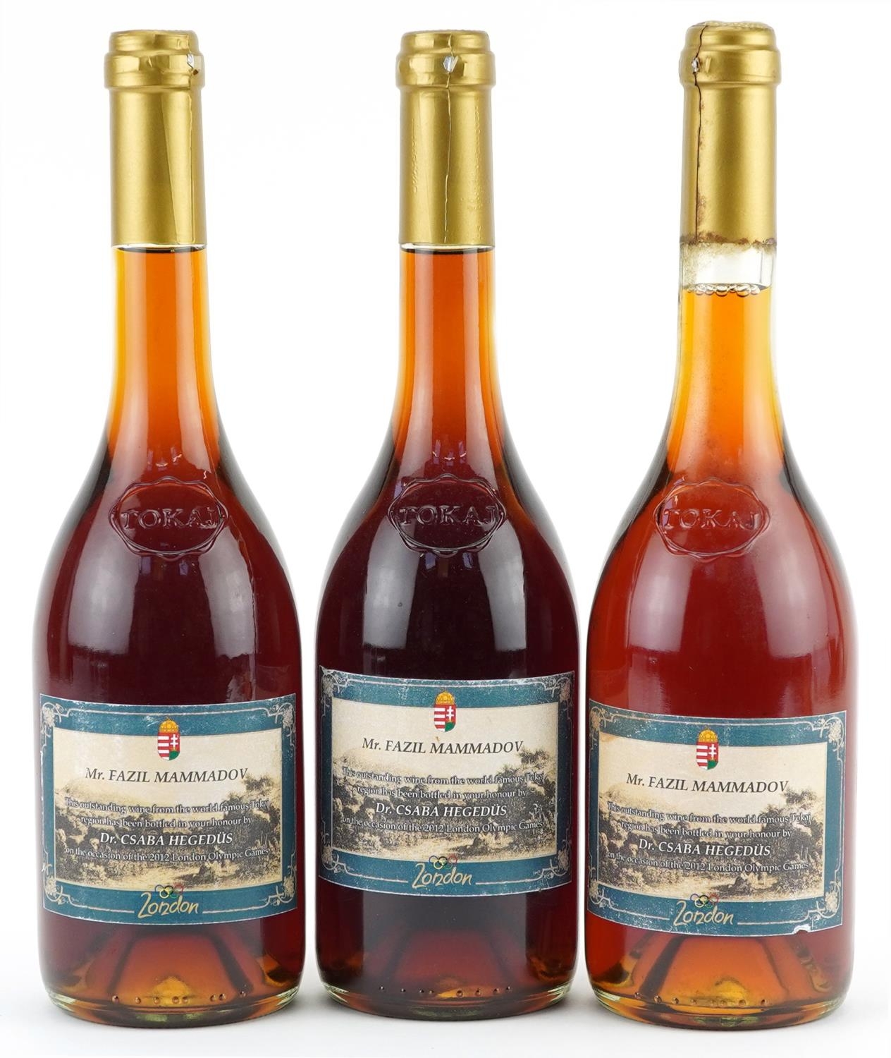 Three bottles of sporting interest London 2012 Olympic Tokaj wine Bottled in Your Honour by Doctor