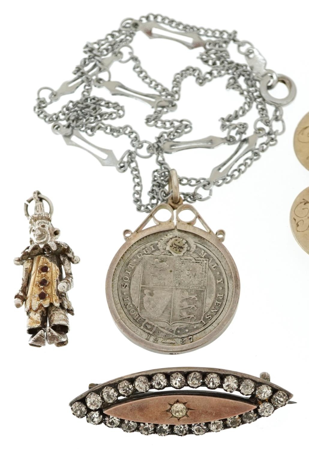 Antique and later silver jewellery including a Victorian coin necklace, articulated clown pendant - Image 2 of 5