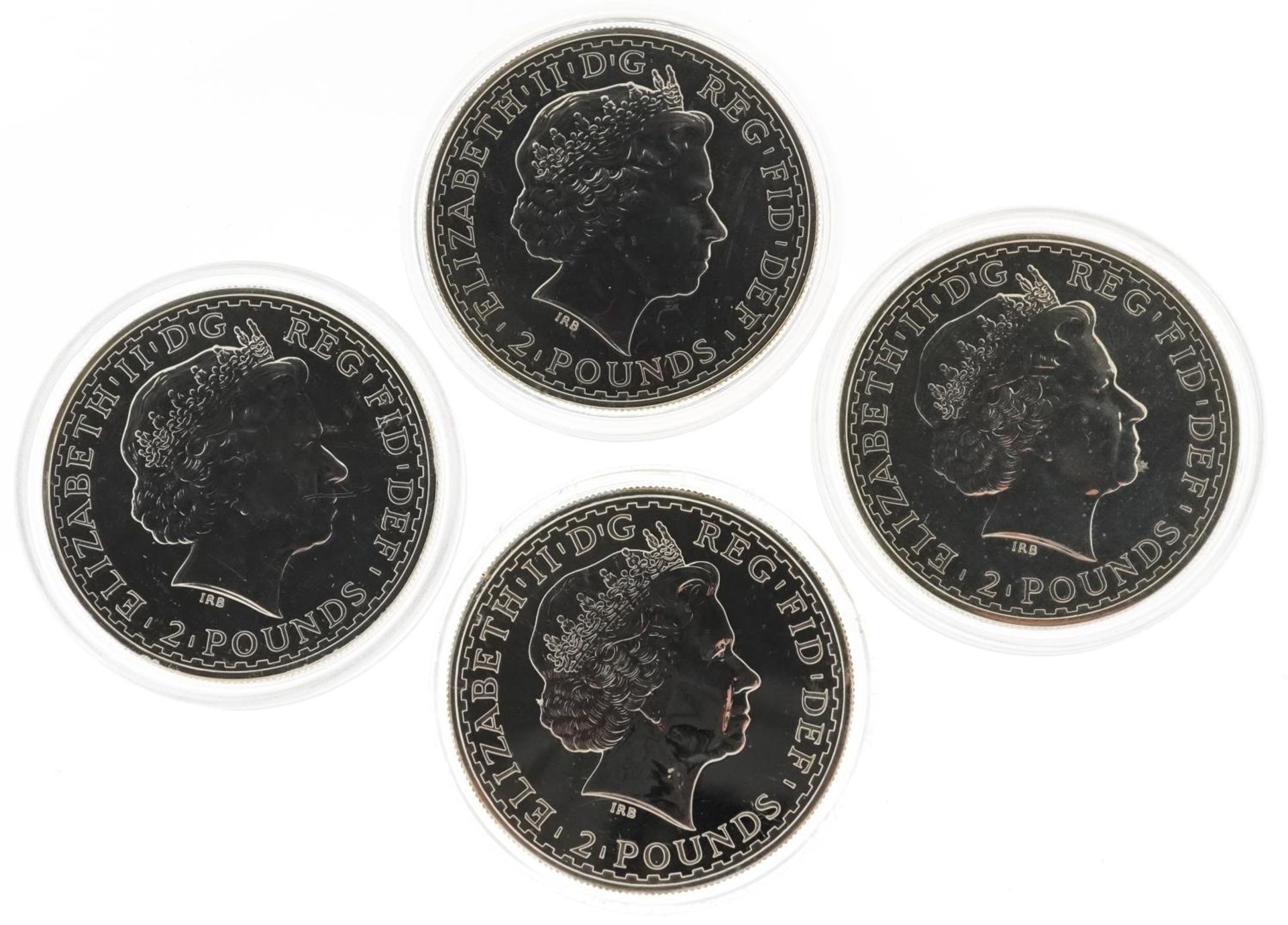 Four Elizabeth II Britannia one ounce fine silver two pounds comprising dates 2007, 2008 and two - Image 2 of 2