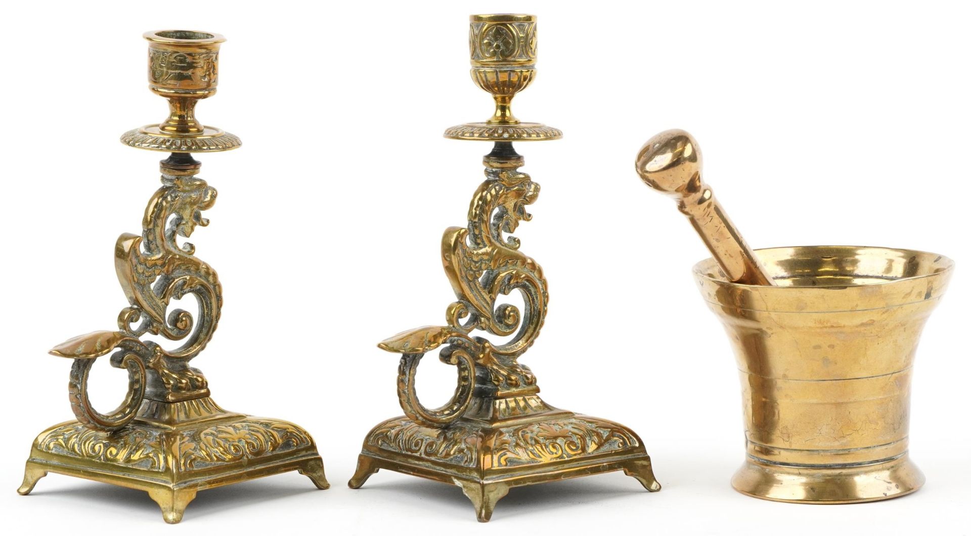 Antique bronze pestle & mortar and pair of dragon design candlesticks, the largest 19,5cm high - Image 2 of 3