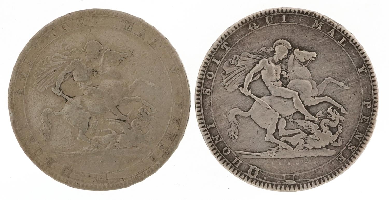 Two George III 1819 silver crowns, 55g