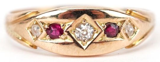 Antique ruby and diamond five stone ring, incomplete hallmarks, tests as 18ct gold, the central