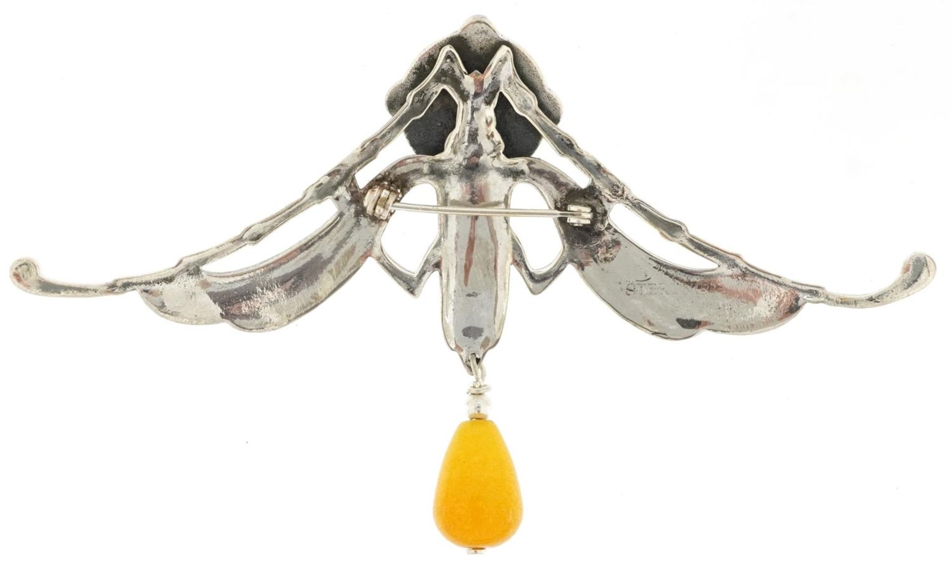 Egyptian Revival sterling silver brooch with amber coloured drop, 10.5cm wide, 20.2g - Bild 2 aus 3