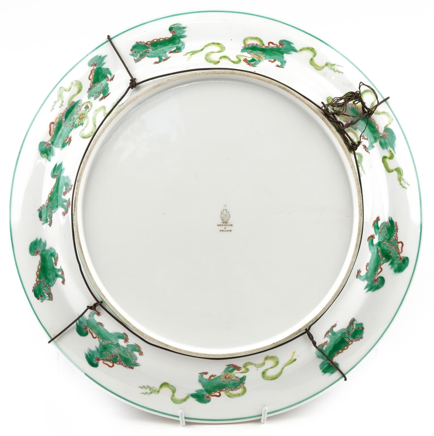 Wedgwood, aesthetic Chinese style powder blue ground lustre wall plaque gilded with a dragon amongst - Image 3 of 4