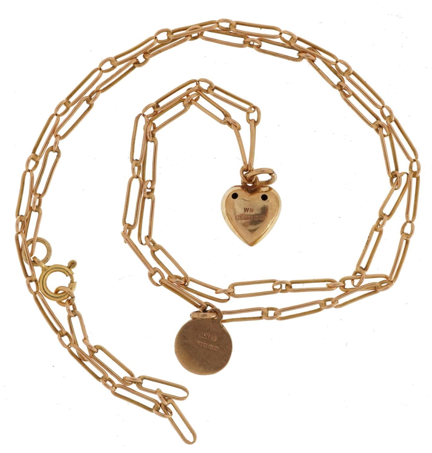 9ct gold long link necklace with a 9ct gold love heart pendant set with a clear stone and a 9ct gold - Image 3 of 5