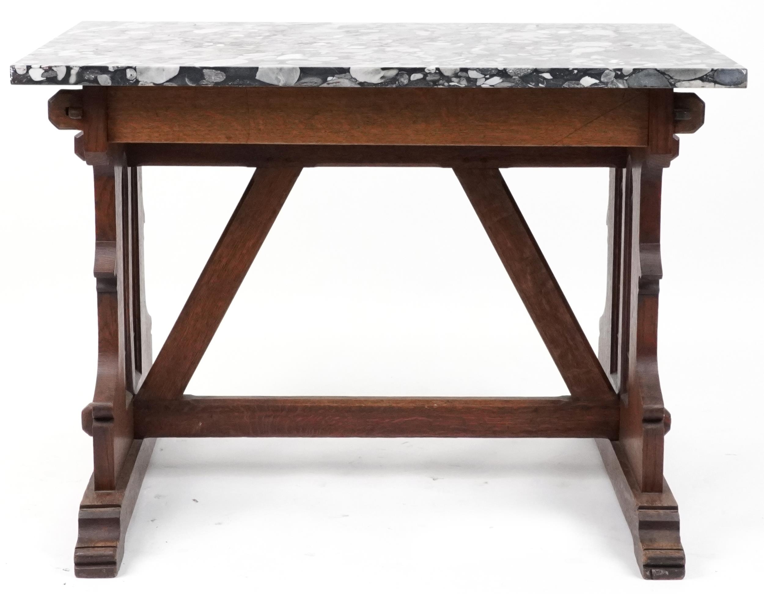 Victorian Gothic oak table with rectangular marble top in the manner of Pugin, 77cm H x 110cm W x - Image 5 of 5