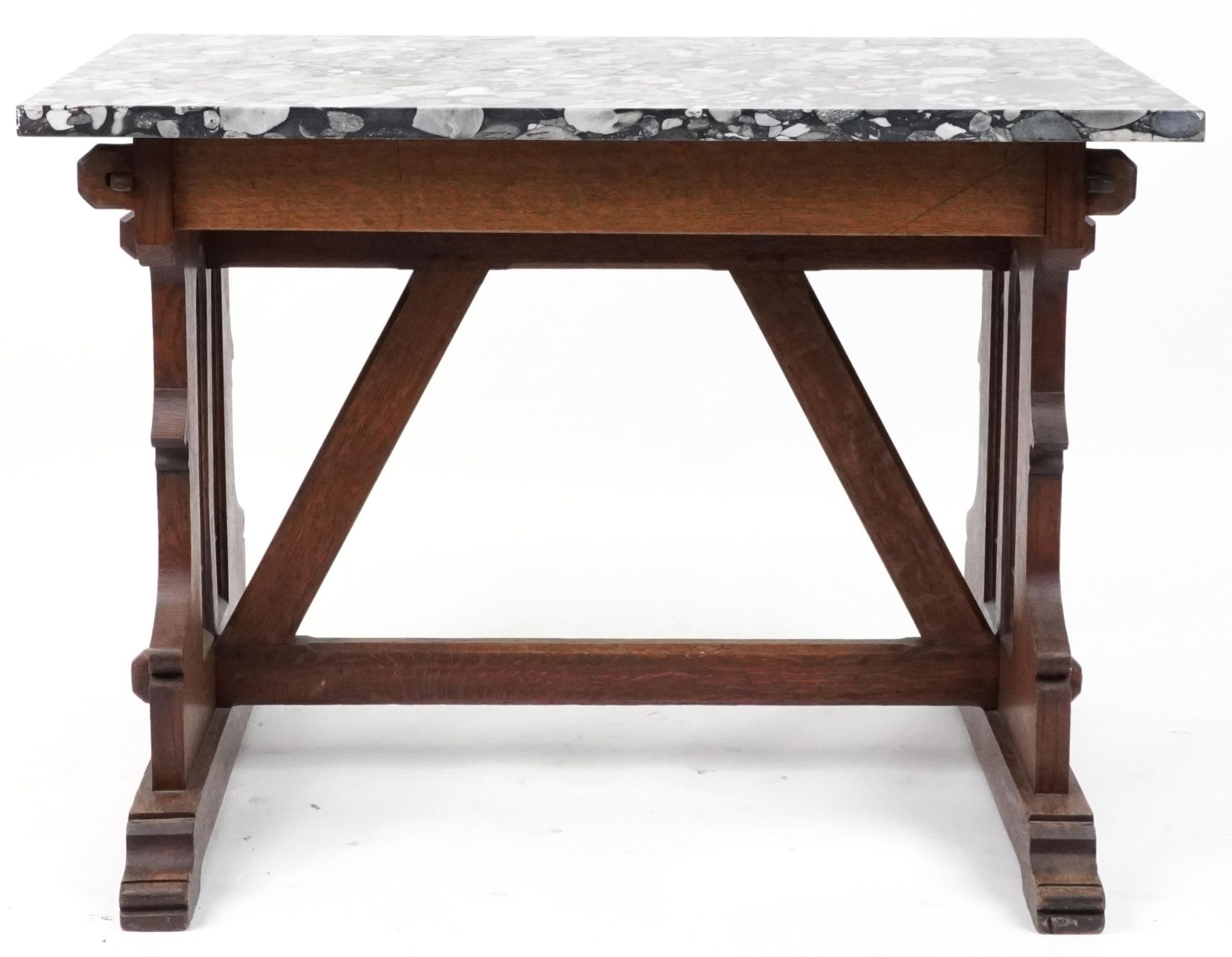 Victorian Gothic oak table with rectangular marble top in the manner of Pugin, 77cm H x 110cm W x - Bild 5 aus 5