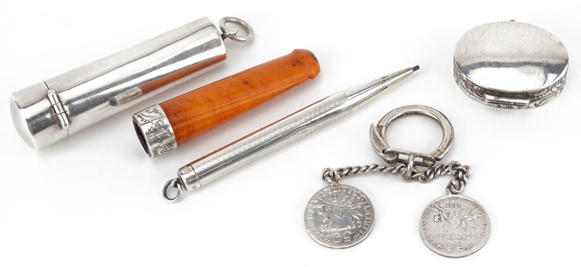 Edwardian and later silver objects including a butterscotch amber coloured cheroot holder with - Bild 2 aus 5