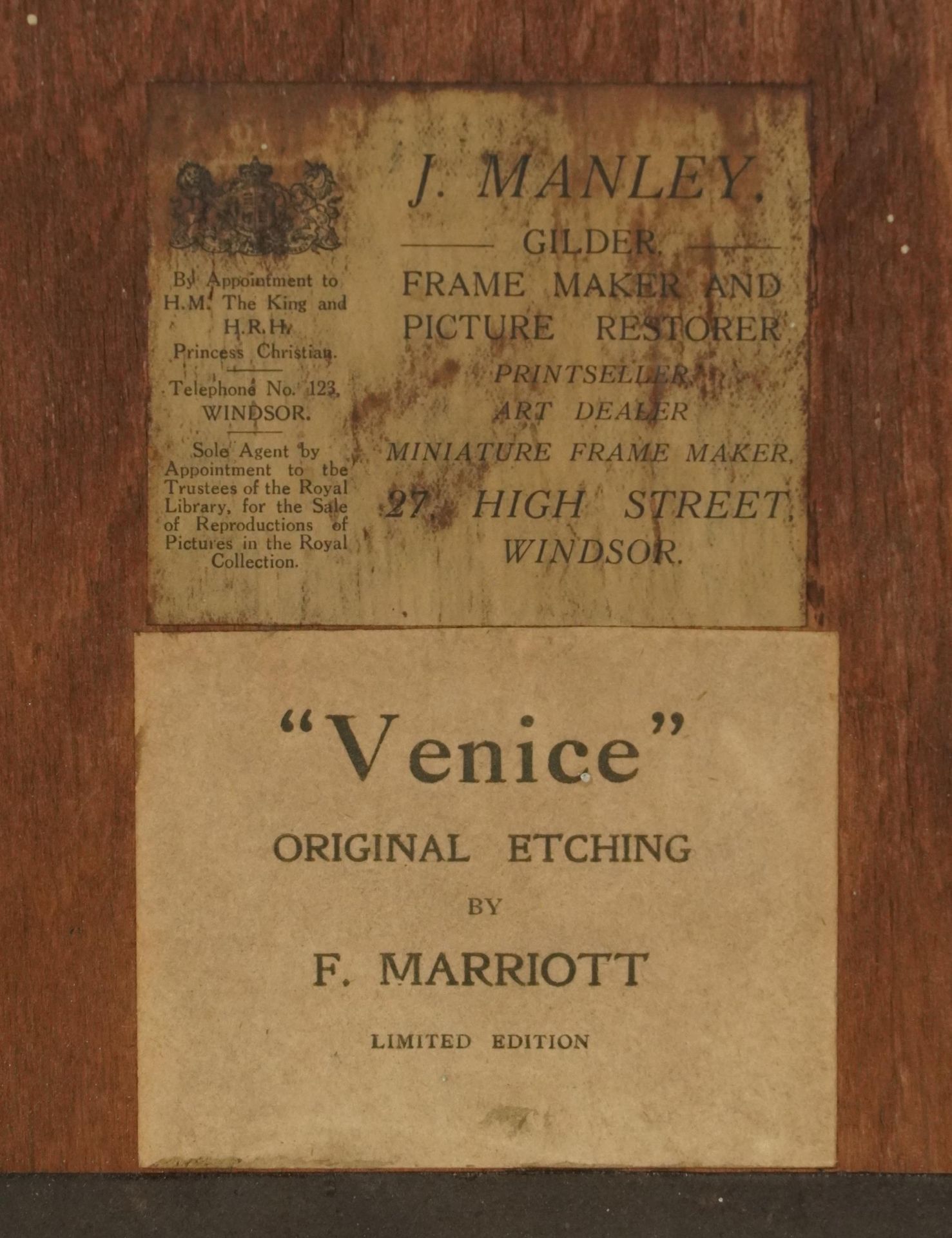 F Marriott - Venice and Bruges, matched pair of pencil signed hand coloured etchings, labels - Image 5 of 10