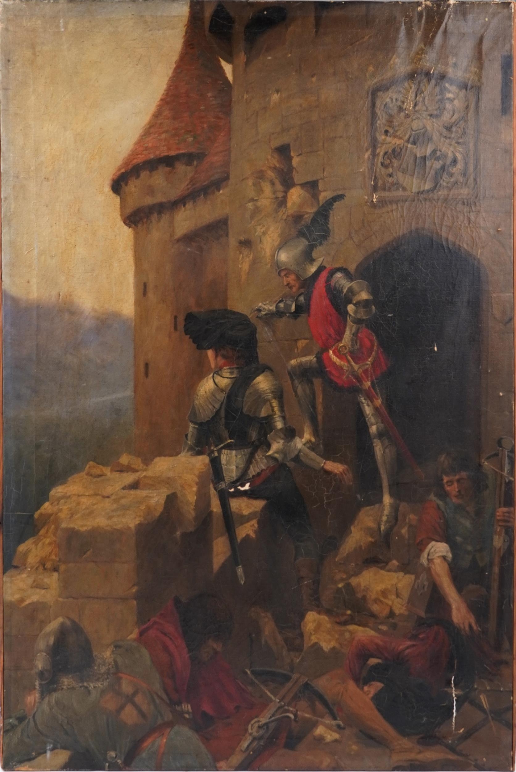 A C Woodville - Medieval knights with swords and crossbows, antique oil on canvas, unframed, 106cm x