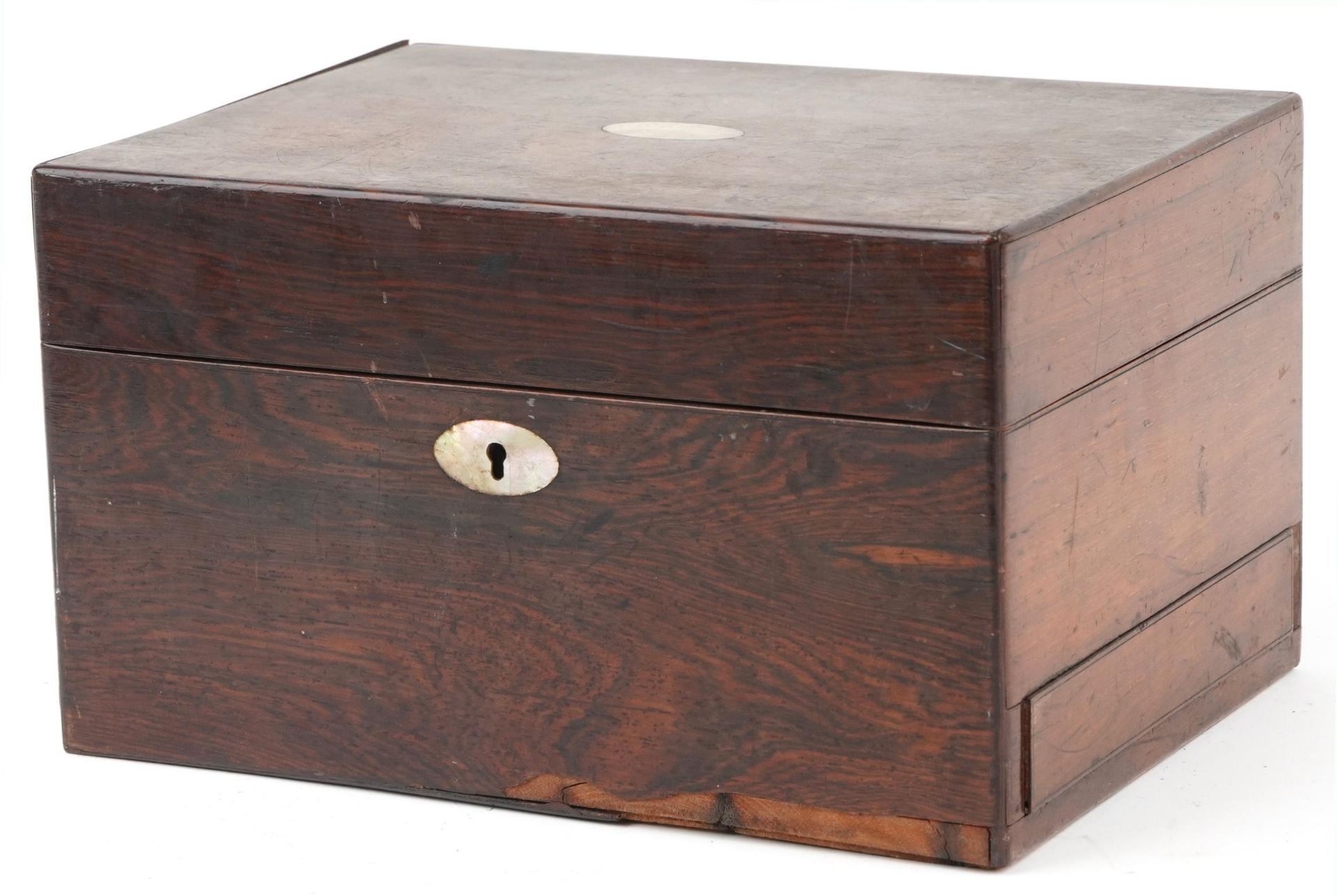 Victorian rosewood toilet box with side drawer, 18.5cm H x 31cm W x 23cm D
