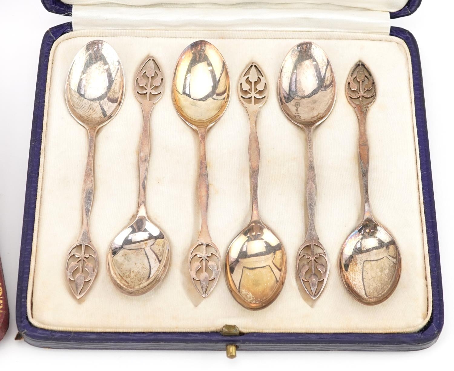 Two sets of six silver teaspoons with fitted cases including a set by Mappin & Webb, each 11cm in - Image 3 of 6