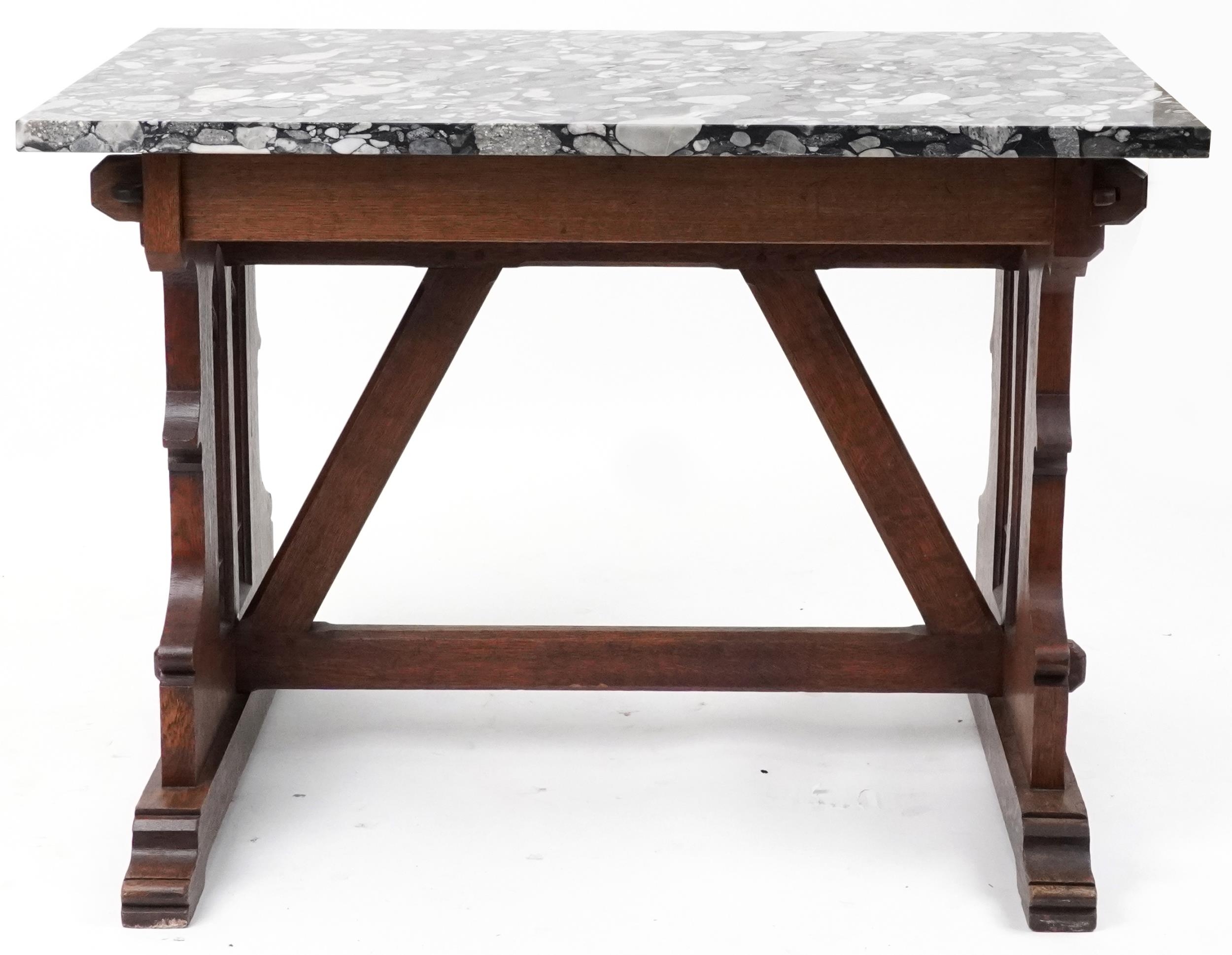 Victorian Gothic oak table with rectangular marble top in the manner of Pugin, 77cm H x 110cm W x - Image 3 of 5