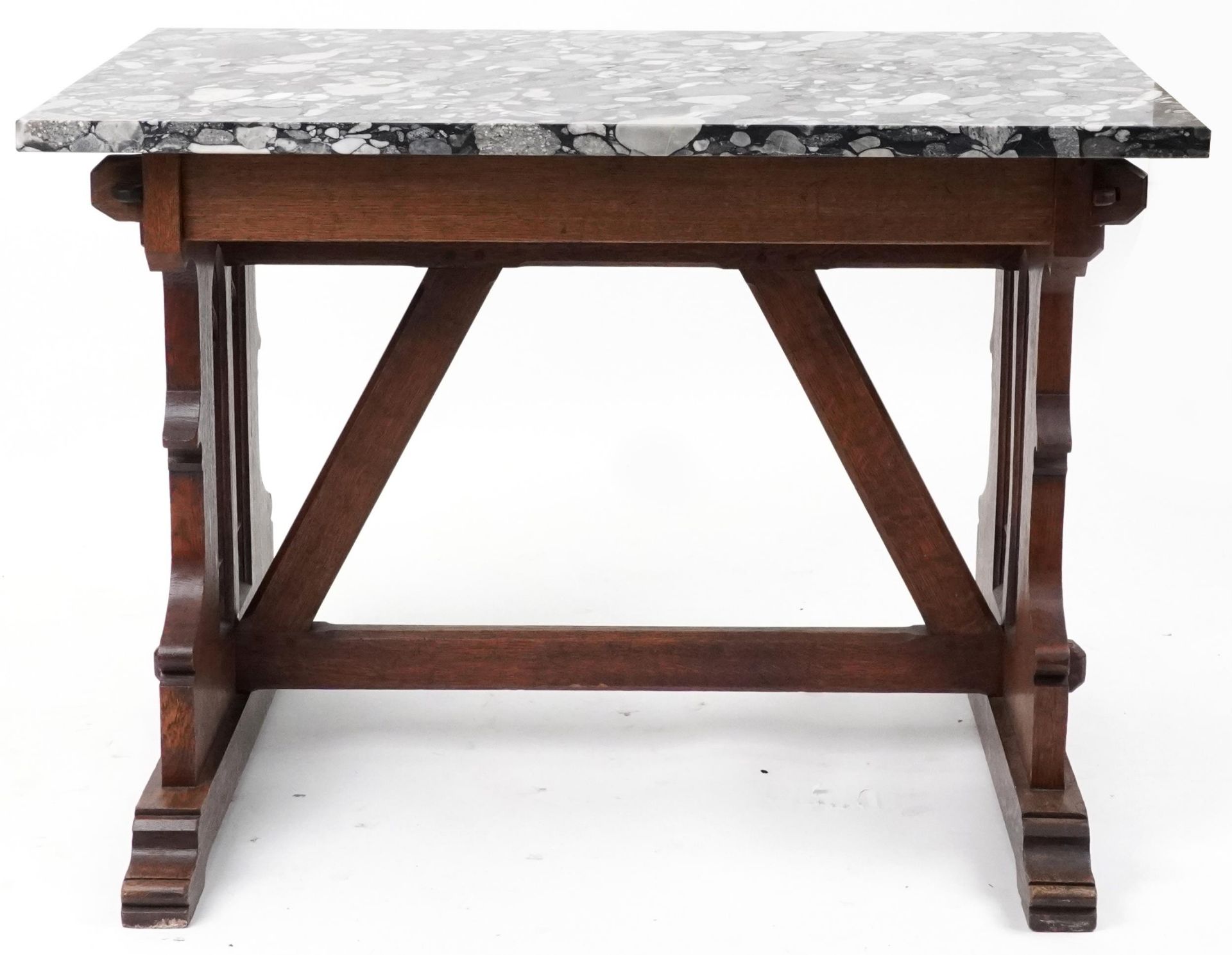 Victorian Gothic oak table with rectangular marble top in the manner of Pugin, 77cm H x 110cm W x - Bild 3 aus 5