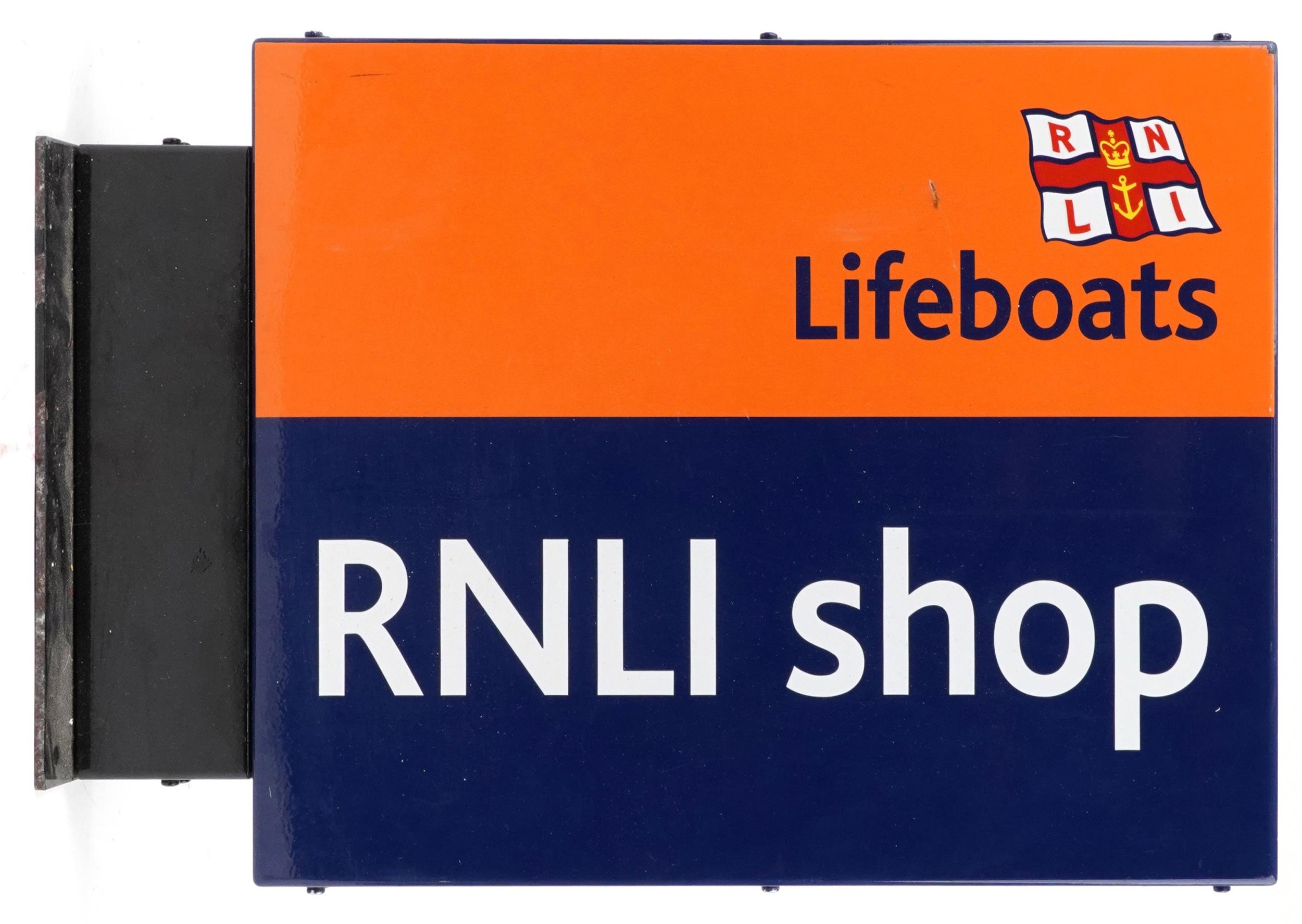 Royal National Lifeboat Association RNLI Shop double sided metal advertising sign, 65cm x 41.5cm - Image 2 of 3