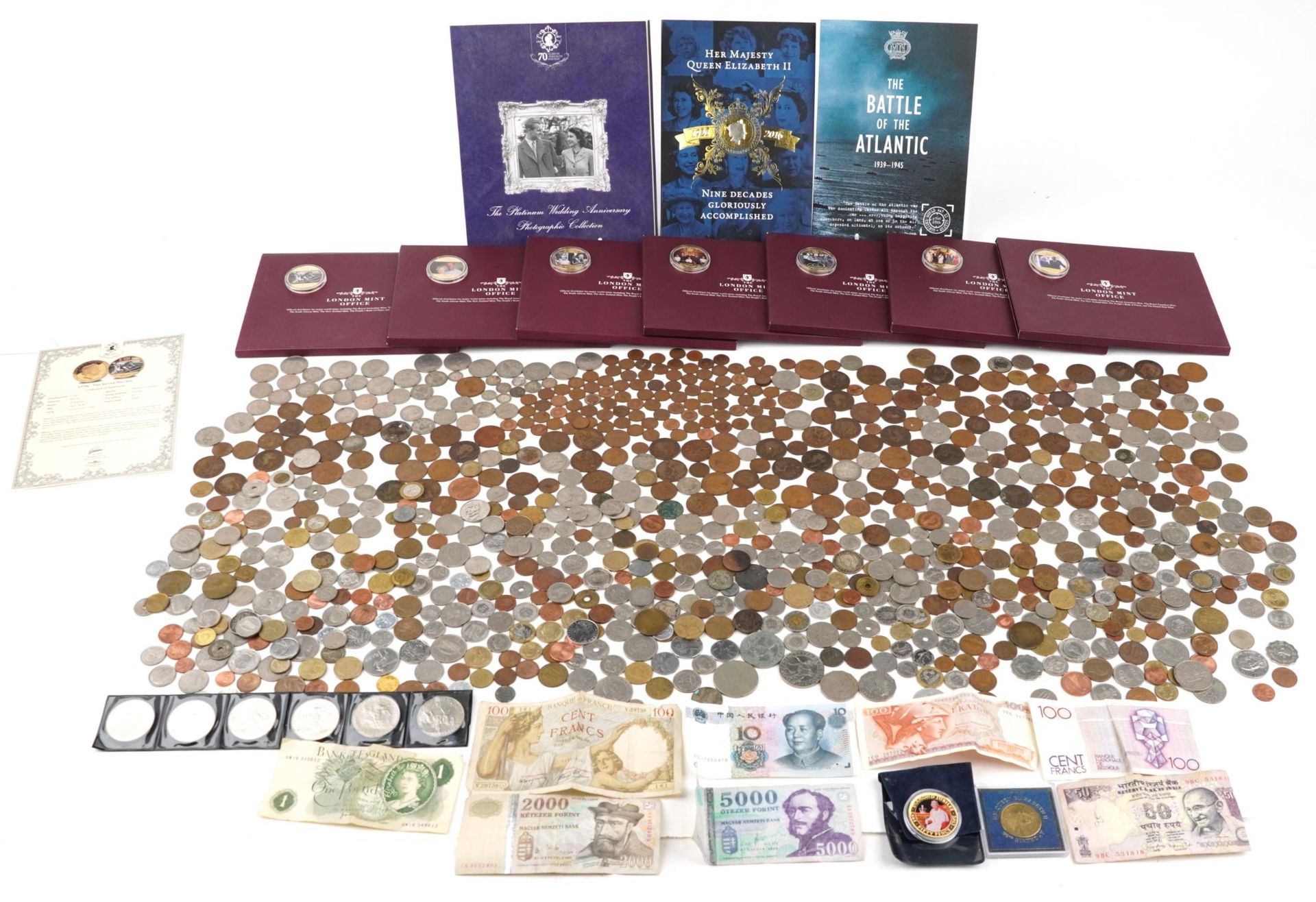 Antique and later British and world coinage, some silver proof including commemorative crowns and