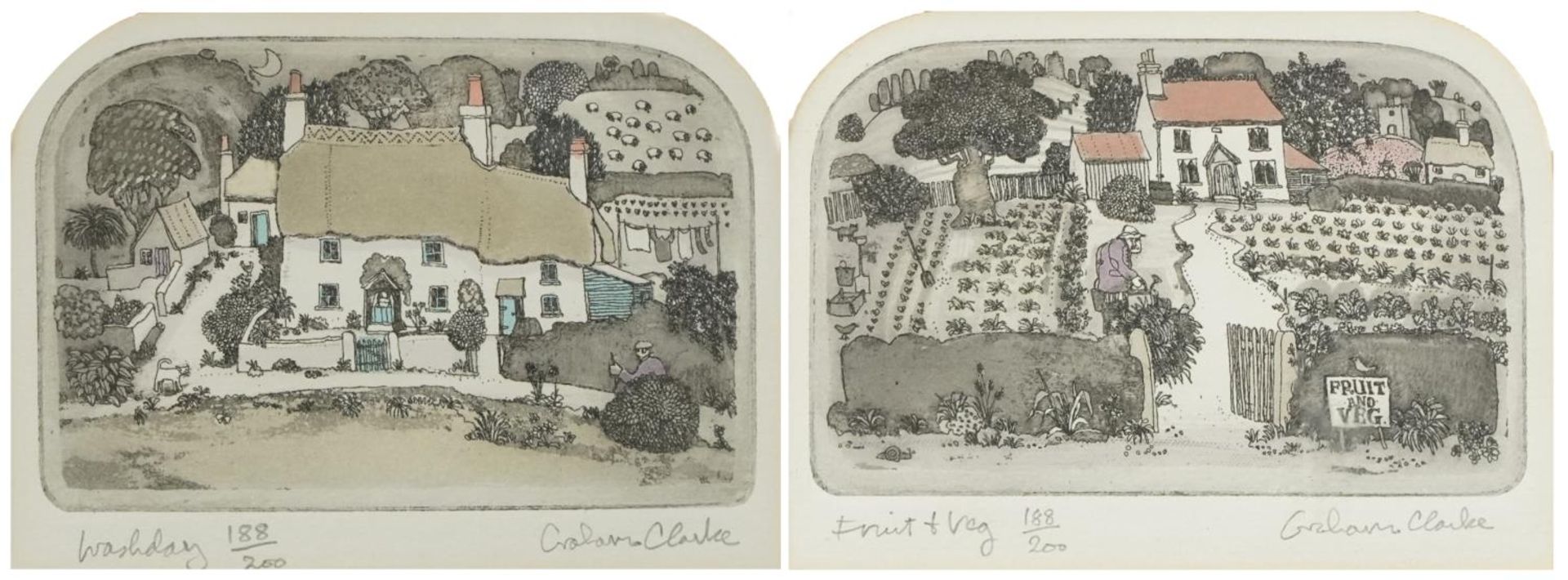 Graham Clarke - Washday and Fruit & Veg, pair of pencil signed etchings in colour, each limited