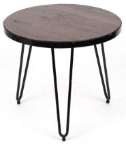 Industrial circular hardwood and wrought iron occasional table with hairpin legs, 53.5cm high x 61cm