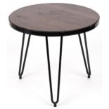 Industrial circular hardwood and wrought iron occasional table with hairpin legs, 53.5cm high x 61cm