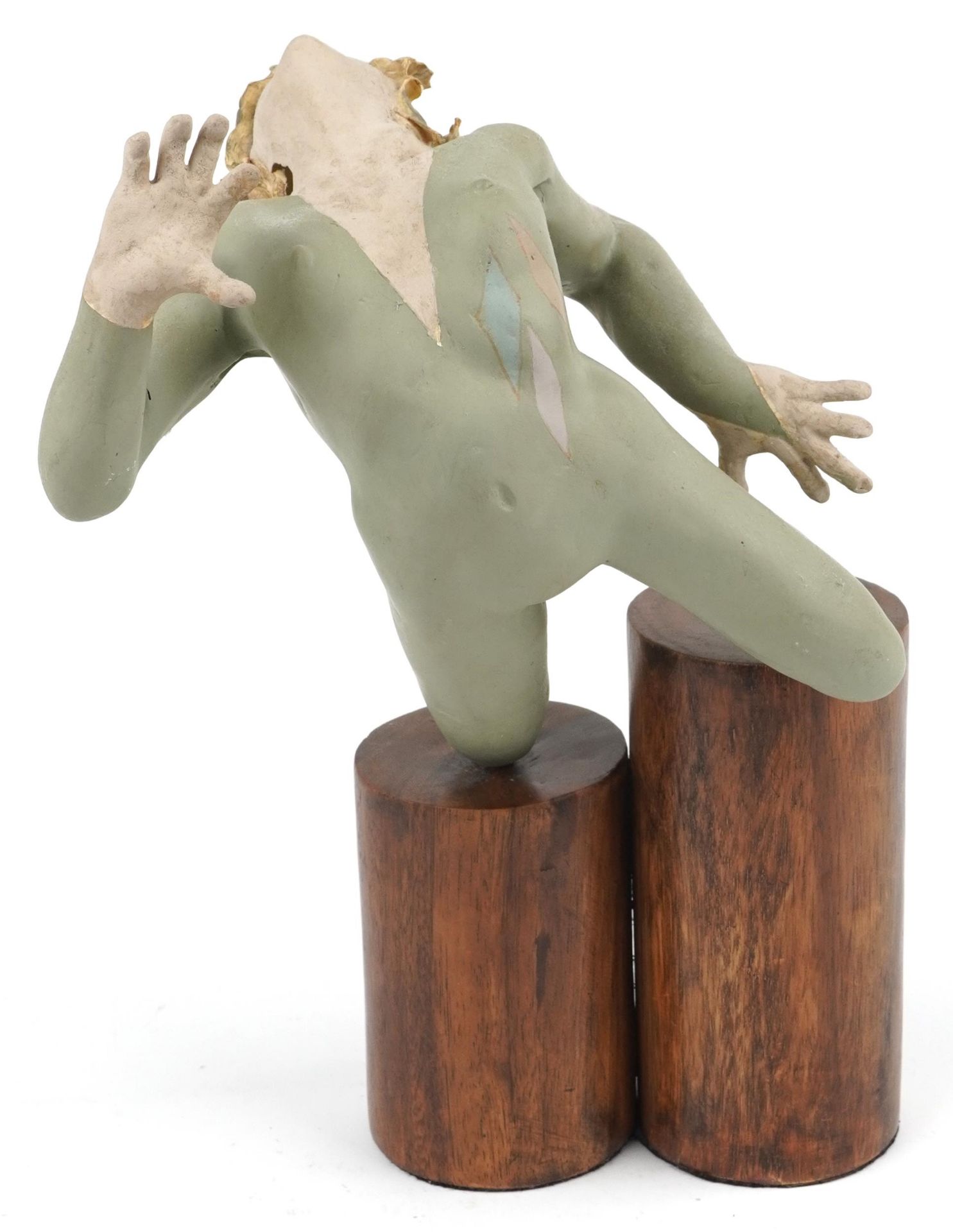 Neil Wilkinson, contemporary Brutalist painted resin sculpture of a nude female on double circular