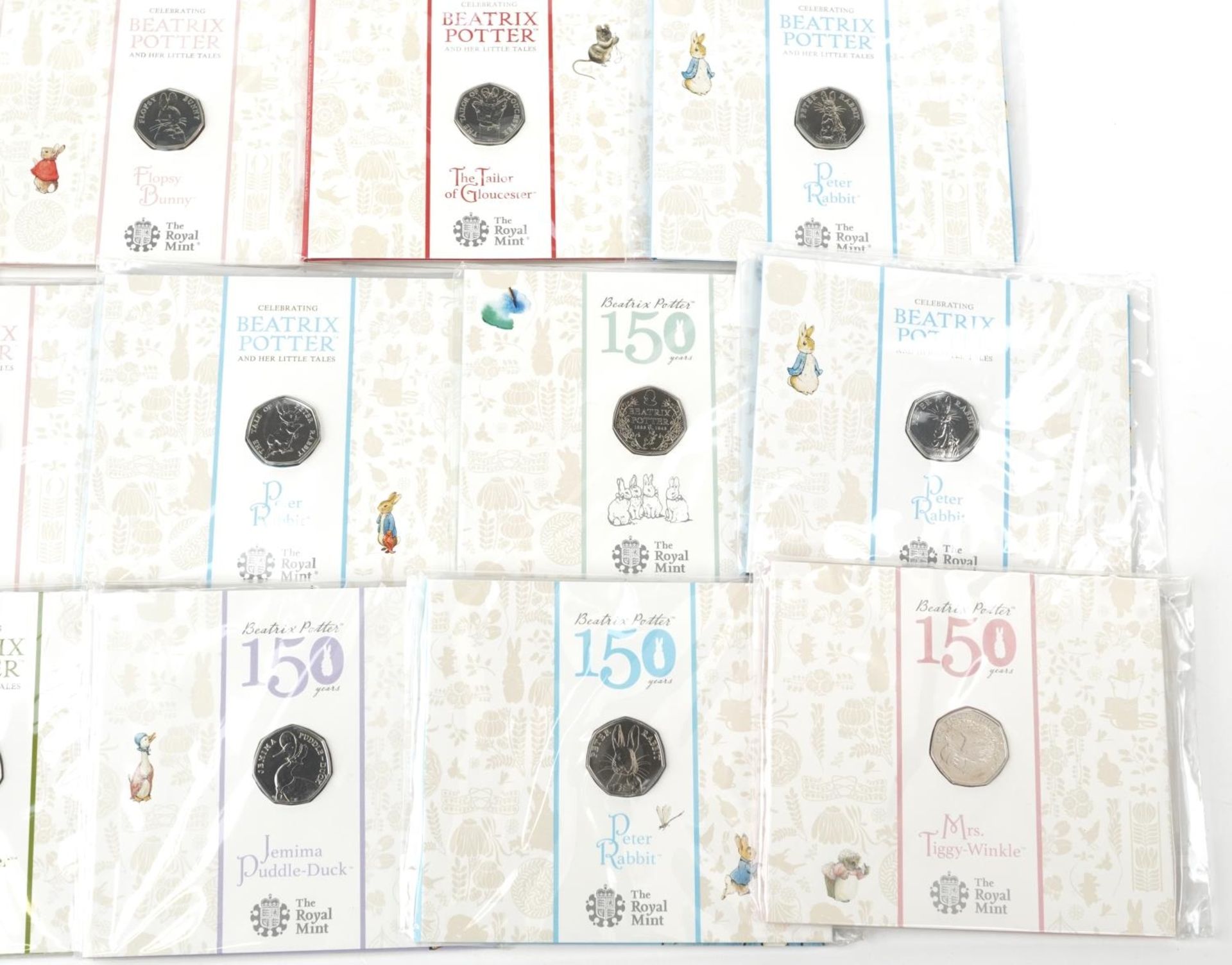 Seventeen Royal Mint Beatrix Potter commemorative fifty pence pieces with wrapping including Peter - Image 4 of 4