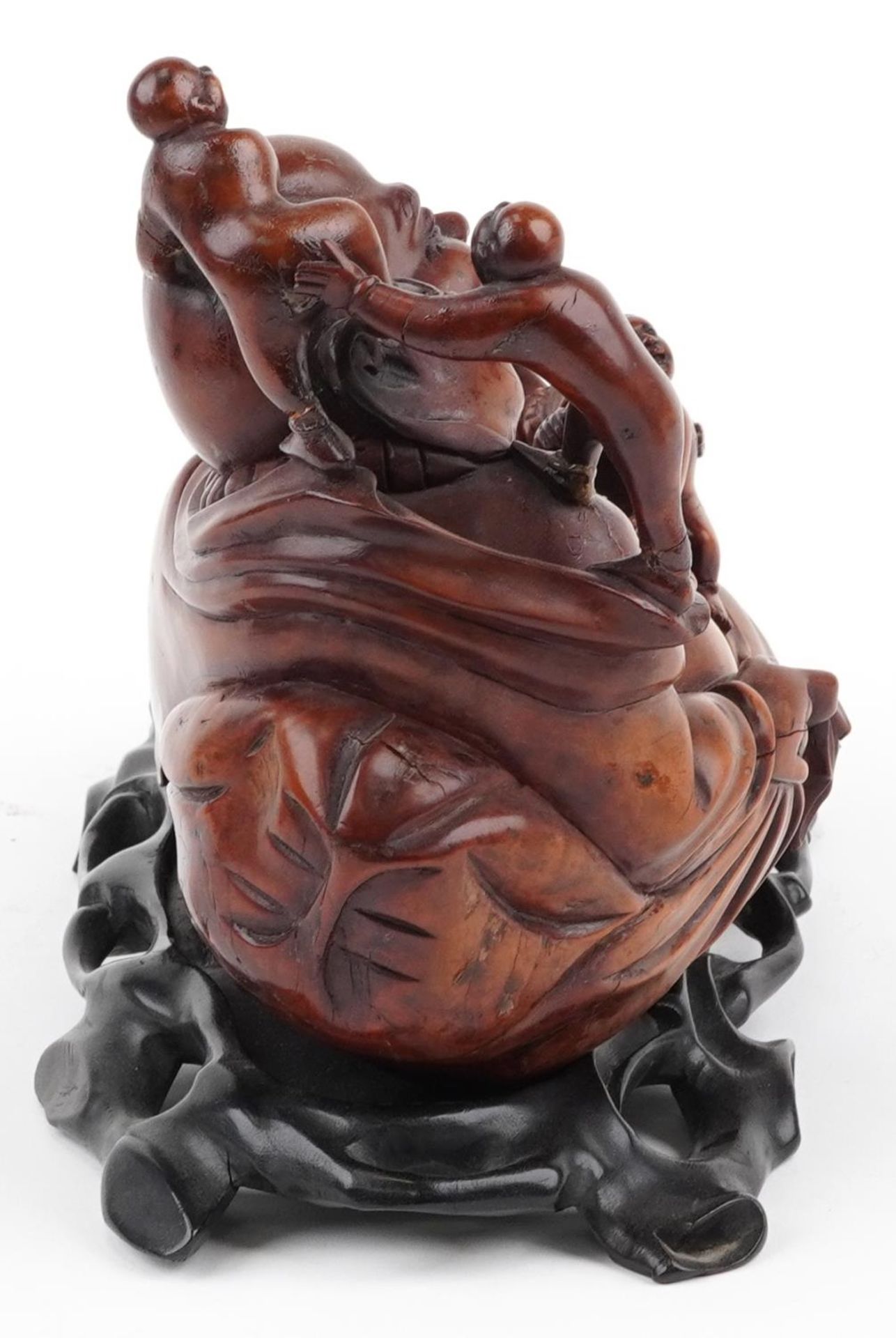 Chinese wooden and metalware including a root wood carving of Happy Buddha on stand surmounted - Image 7 of 9