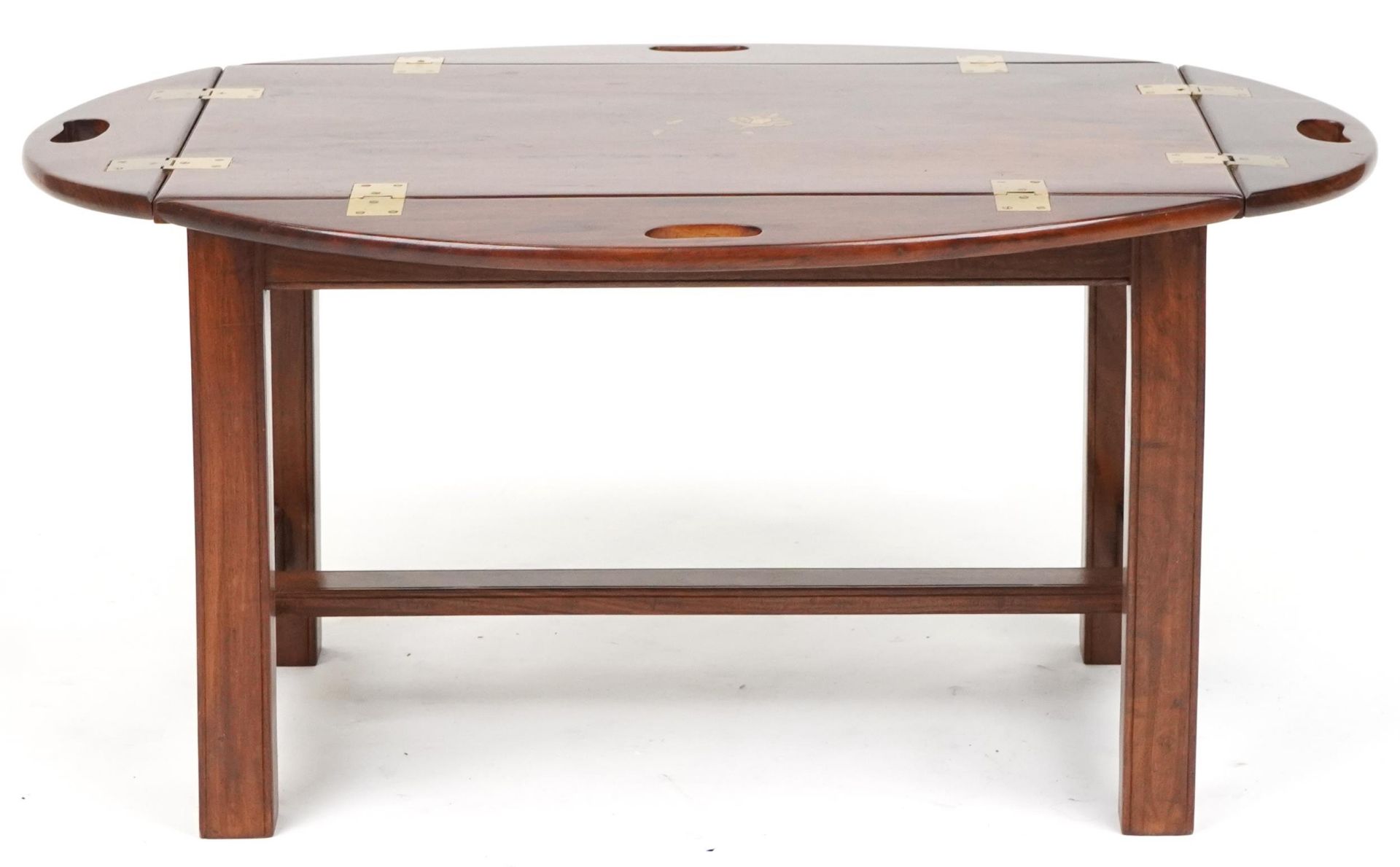 Mahogany butler's tray table with folding sides and brass foliate inlay, 56cm H x 74cm W x 50cm D as - Image 2 of 5