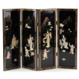 Chinese black lacquered four fold screen with mother of pearl inlay depicting mothers and