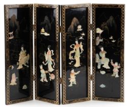 Chinese black lacquered four fold screen with mother of pearl inlay depicting mothers and