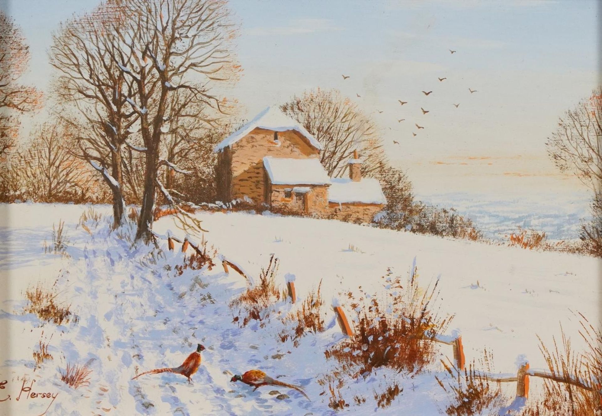 Edward Hersey - Pheasants in the snow, contemporary oil on board, Stacey Marks labels verso, mounted