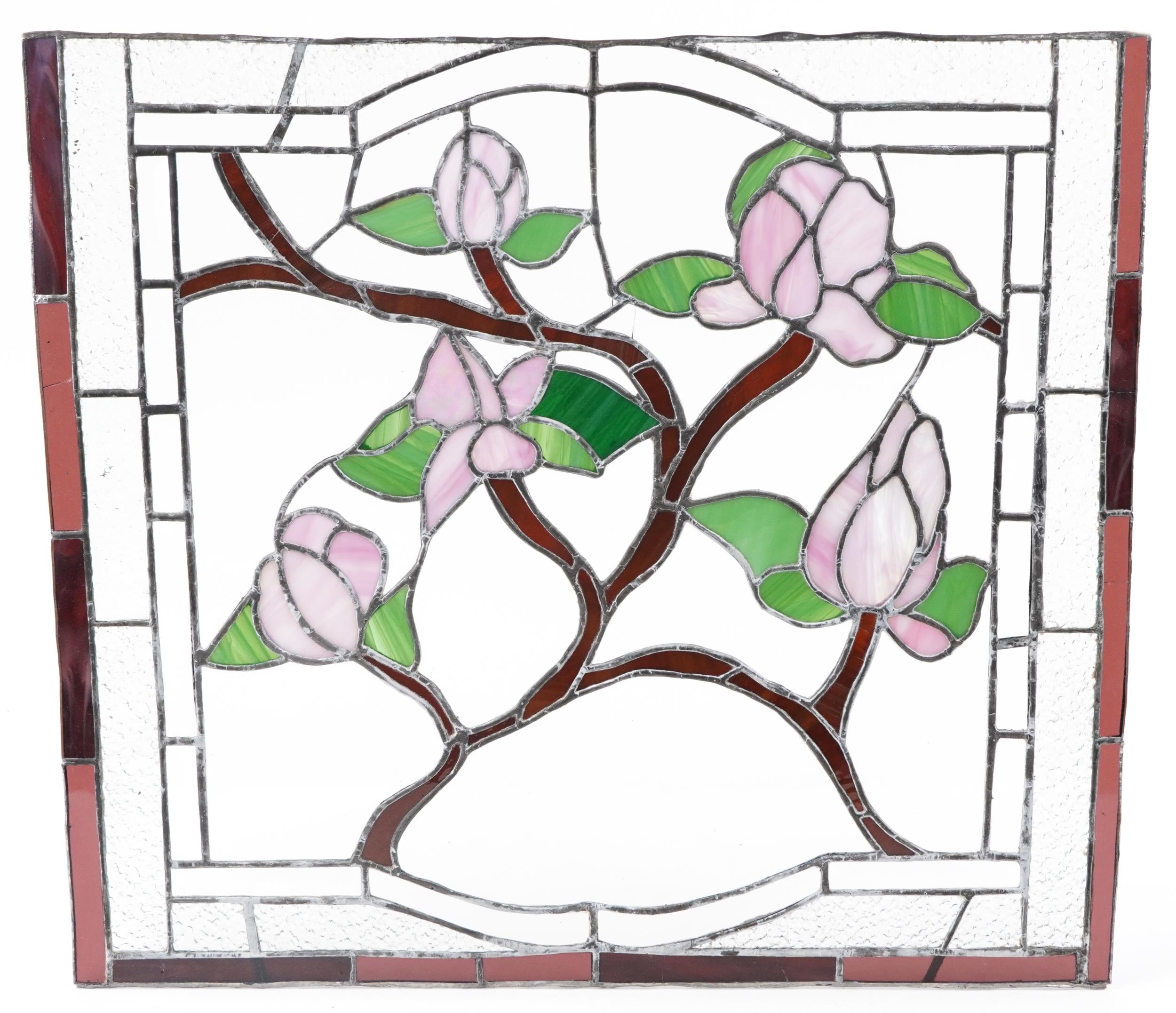 Four leaded stained glass window panels including a pair, each decorated with flowers, the largest - Image 2 of 9