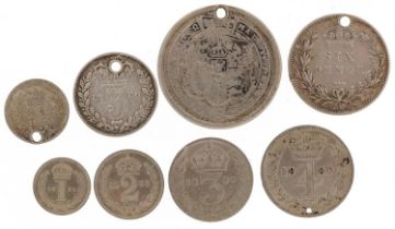 Victorian silver coinage including 1893 Maundy penny and twopence and an 1843 one and a half