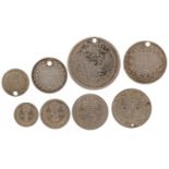 Victorian silver coinage including 1893 Maundy penny and twopence and an 1843 one and a half