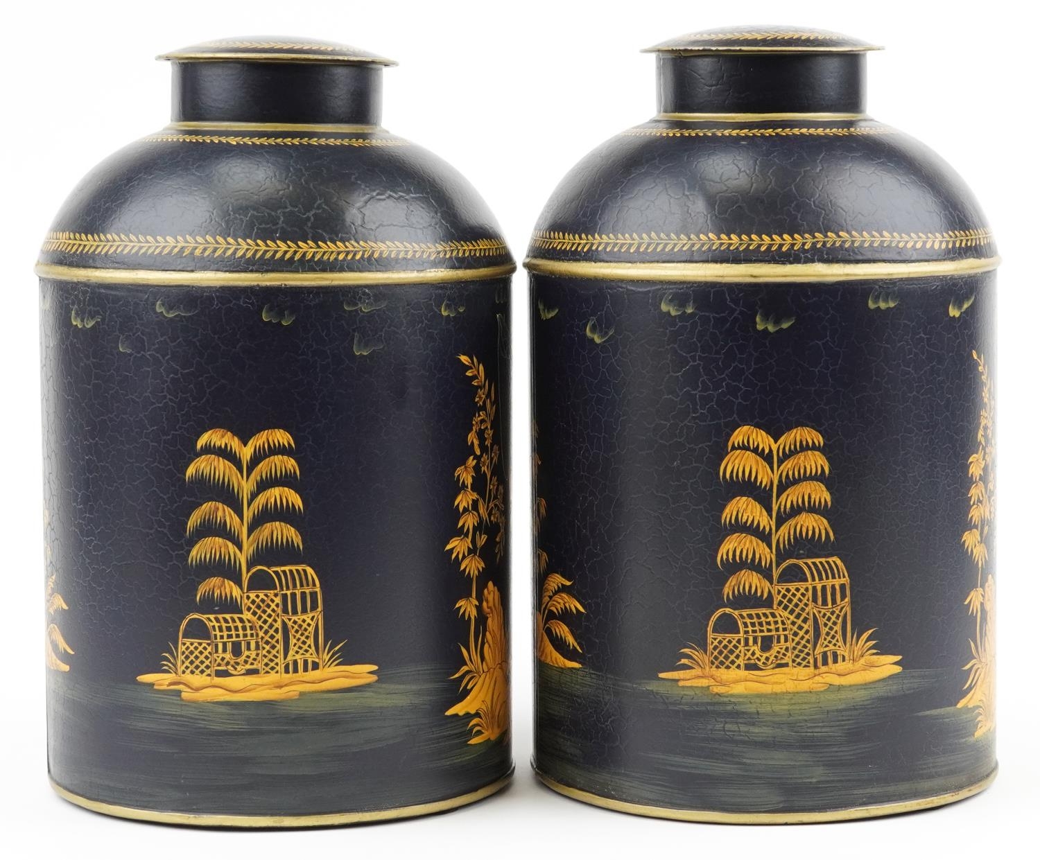 Pair of Toleware cannisters decorated in the chinoiserie manner with fishermen, 36cm high - Image 4 of 6