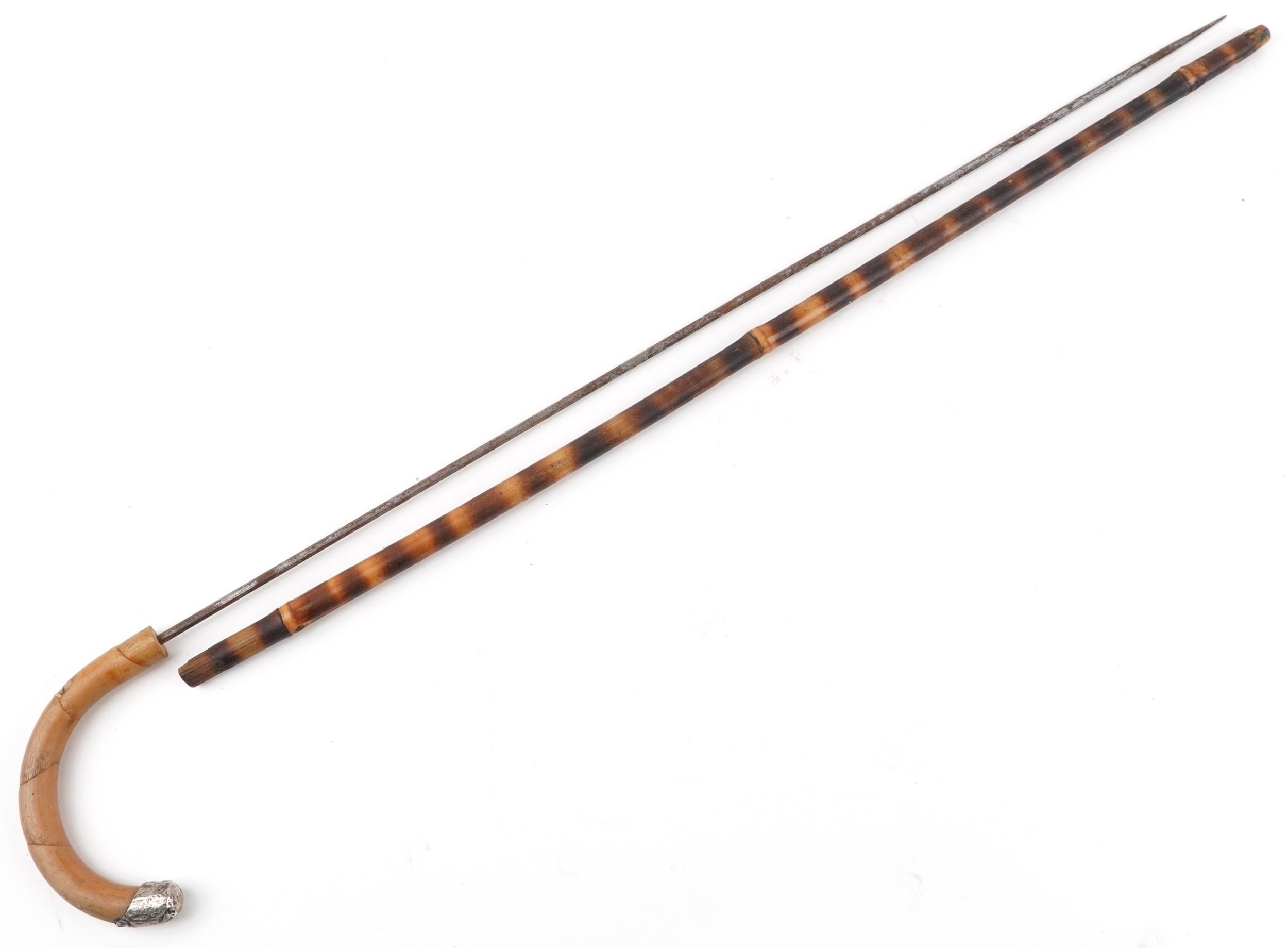 Bamboo walking swordstick with steel blade and silver mount impressed Brigg, 84.5cm in length - Image 3 of 4