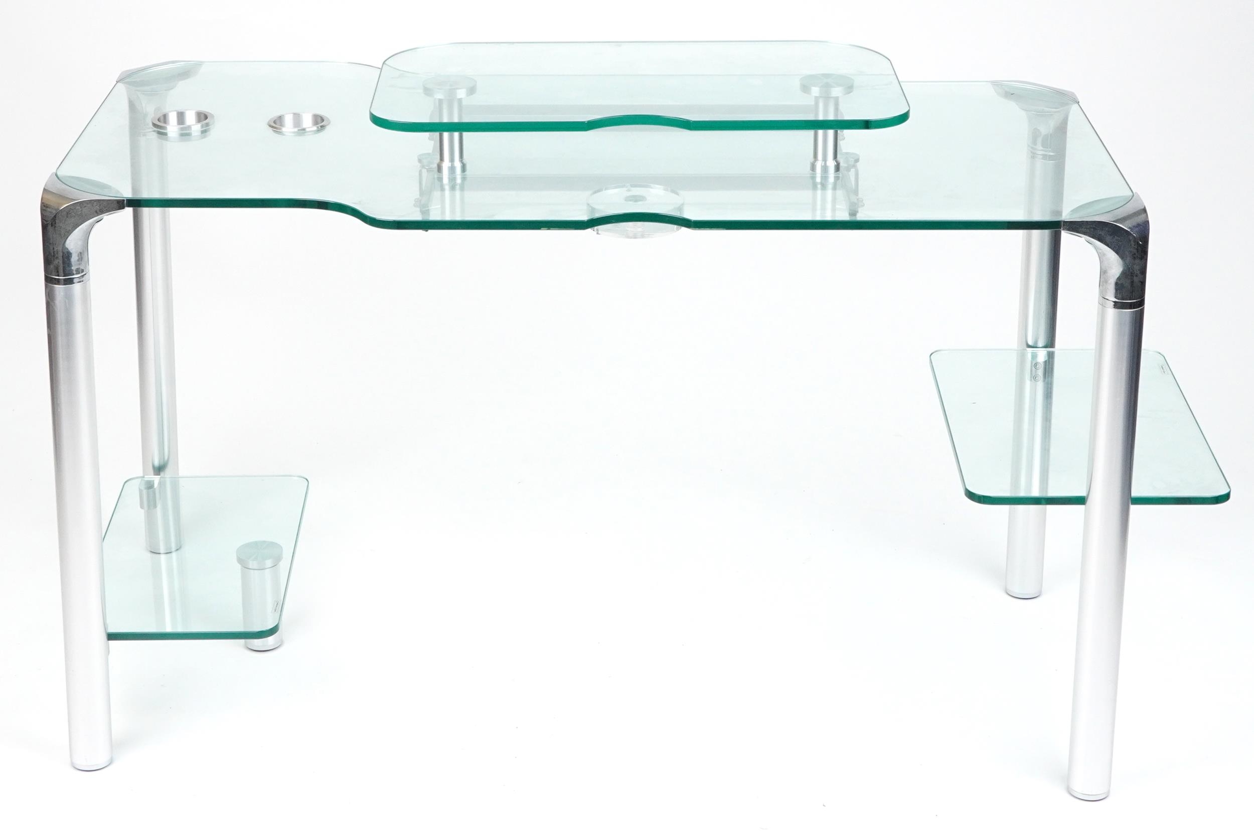 Contemporary glass computer desk with chair, the desk with chrome plated mounts and legs, 71cm H x - Image 5 of 9