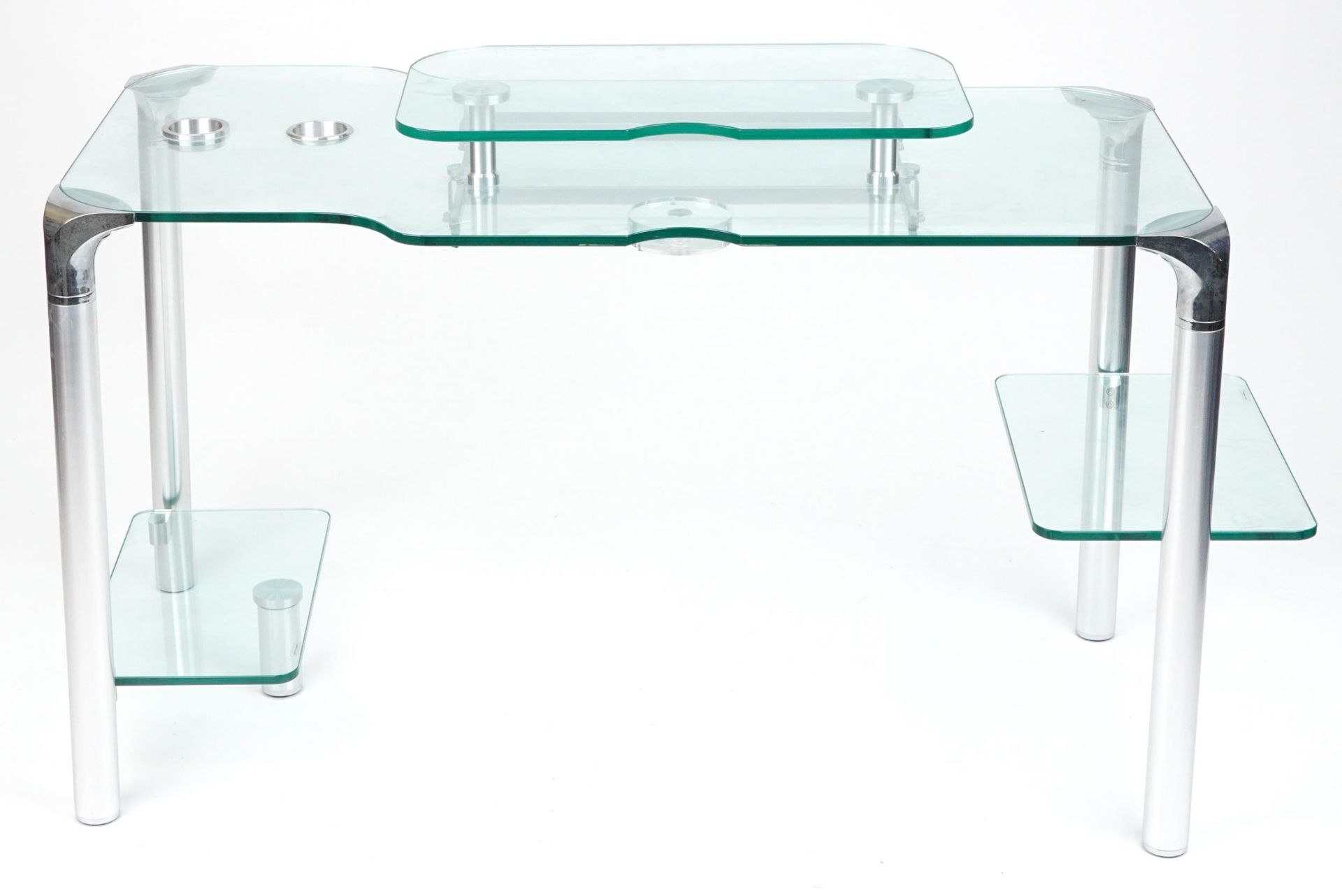 Contemporary glass computer desk with chair, the desk with chrome plated mounts and legs, 71cm H x - Image 5 of 9