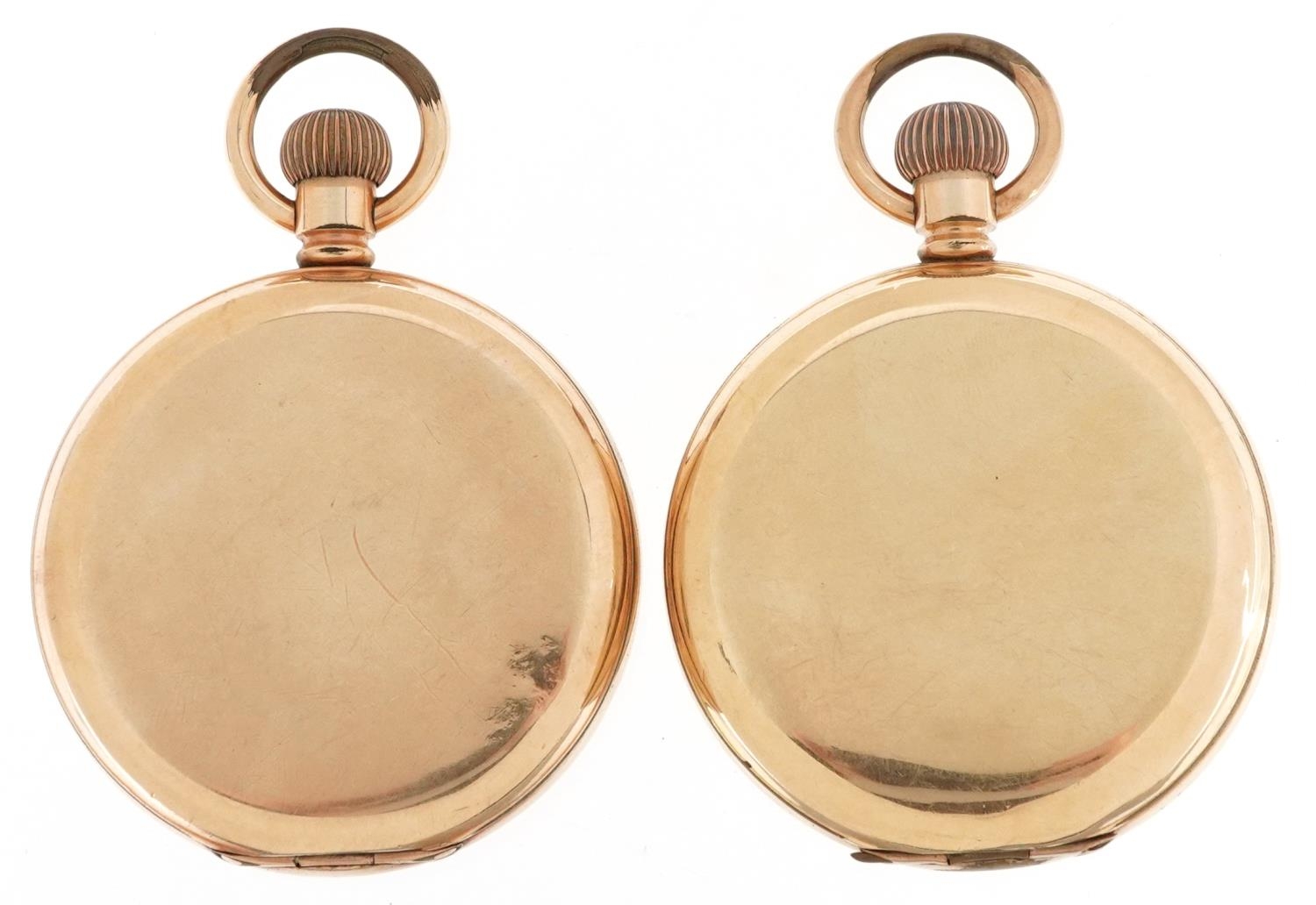 Waltham, two gentlemen's gold plated keyless full hunter pocket watches having enamelled and - Image 2 of 7