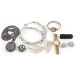 Antique and later jewellery including a Divos 9ct gold ladies wristwatch, Victorian style silver