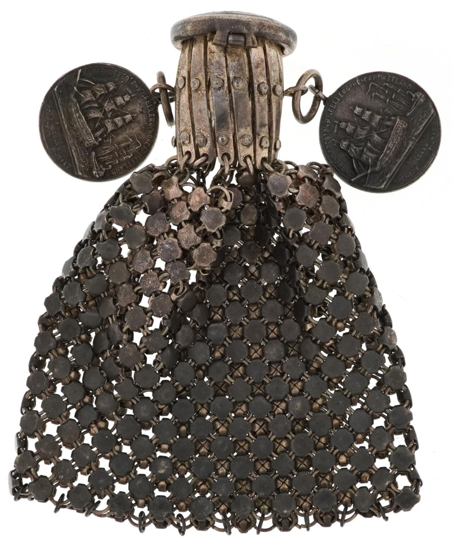 Antique steel miser's purse with two Napoleon medallions, 9cm high x 7cm wide - Image 3 of 4