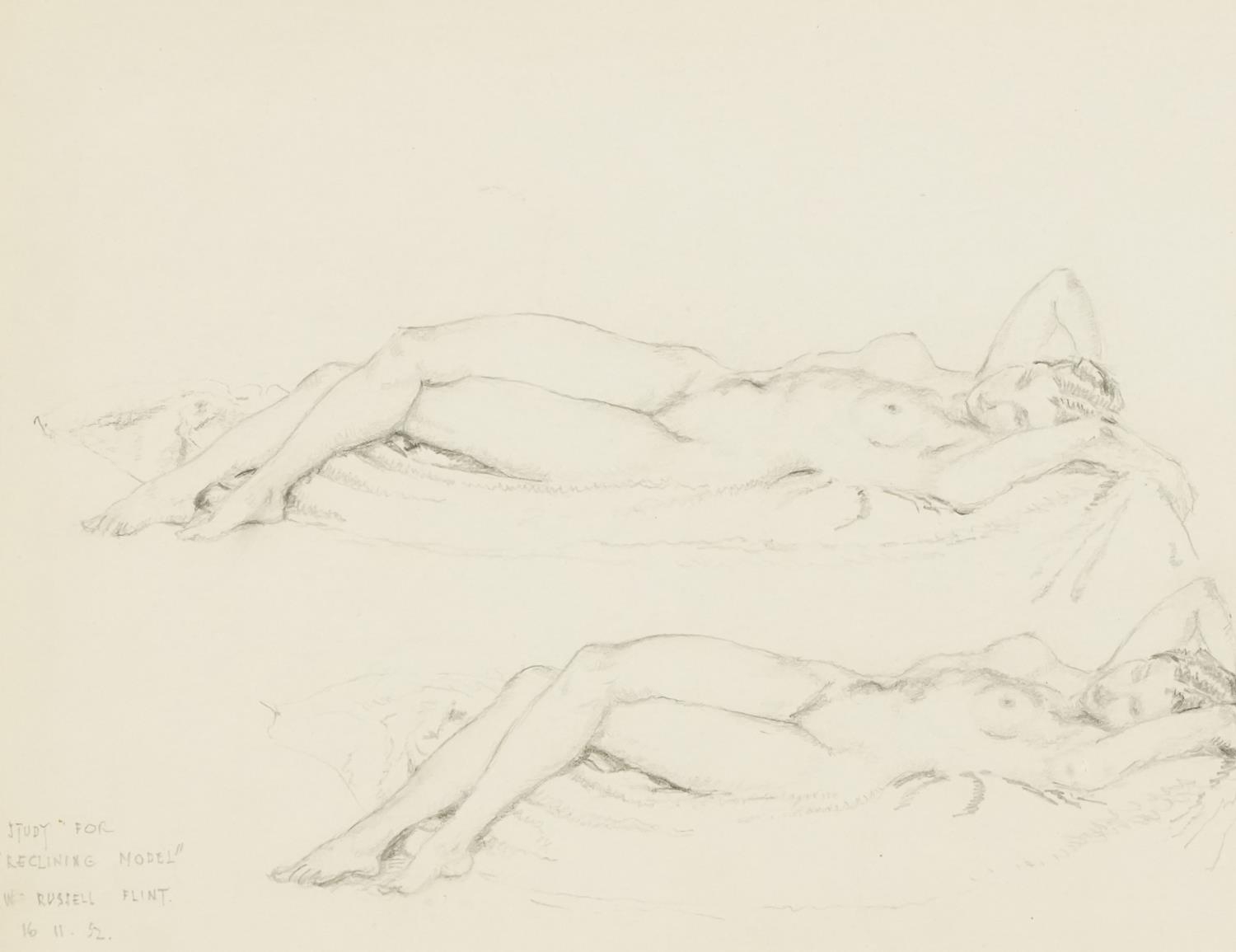 Attributed to Sir William Russell Flint - Study for reclining model, pencil on paper, mounted,