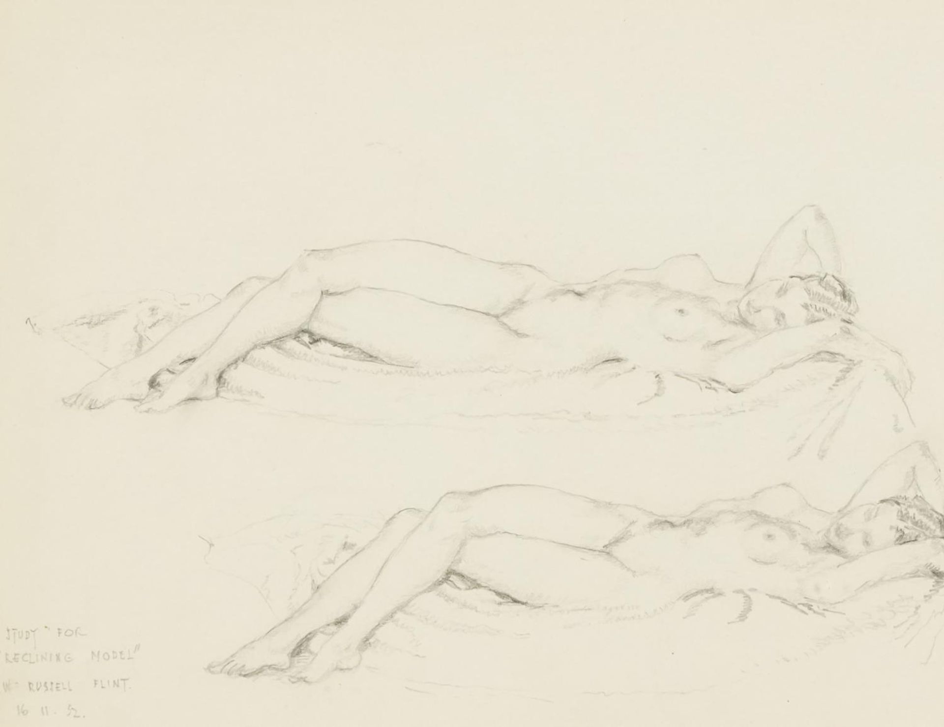 Attributed to Sir William Russell Flint - Study for reclining model, pencil on paper, mounted,