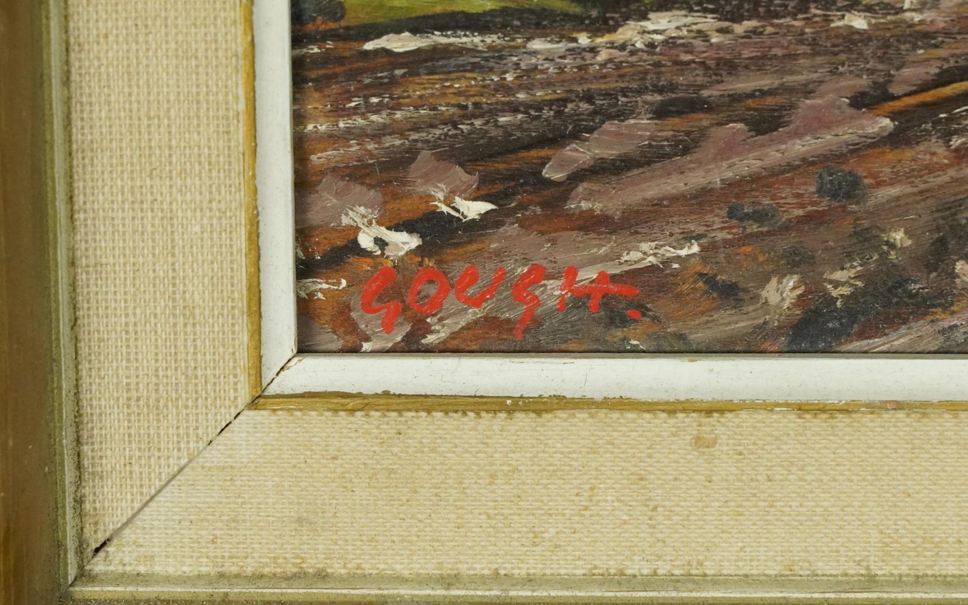Gough - Harvest scene, Elms near Raglan, Impressionist oil on board, mounted and framed, 44cm x 29cm - Image 3 of 5