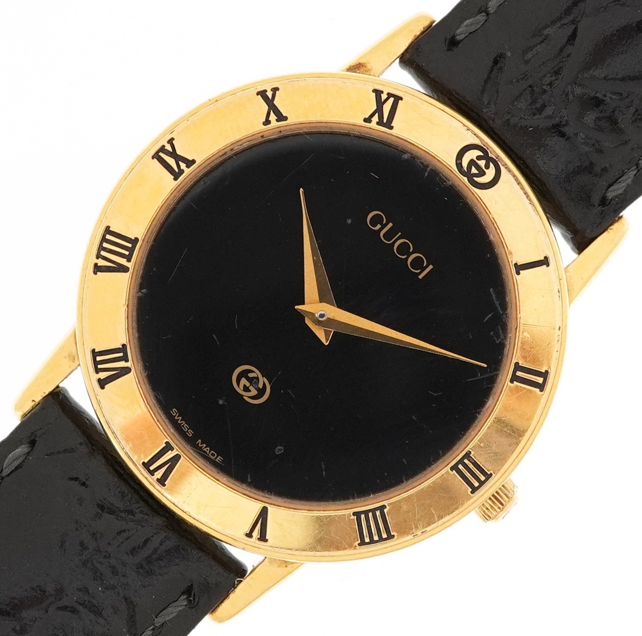 Gucci, ladies gold plated Gucci 3000J quartz wristwatch having Roman numerals to the bezel, serial