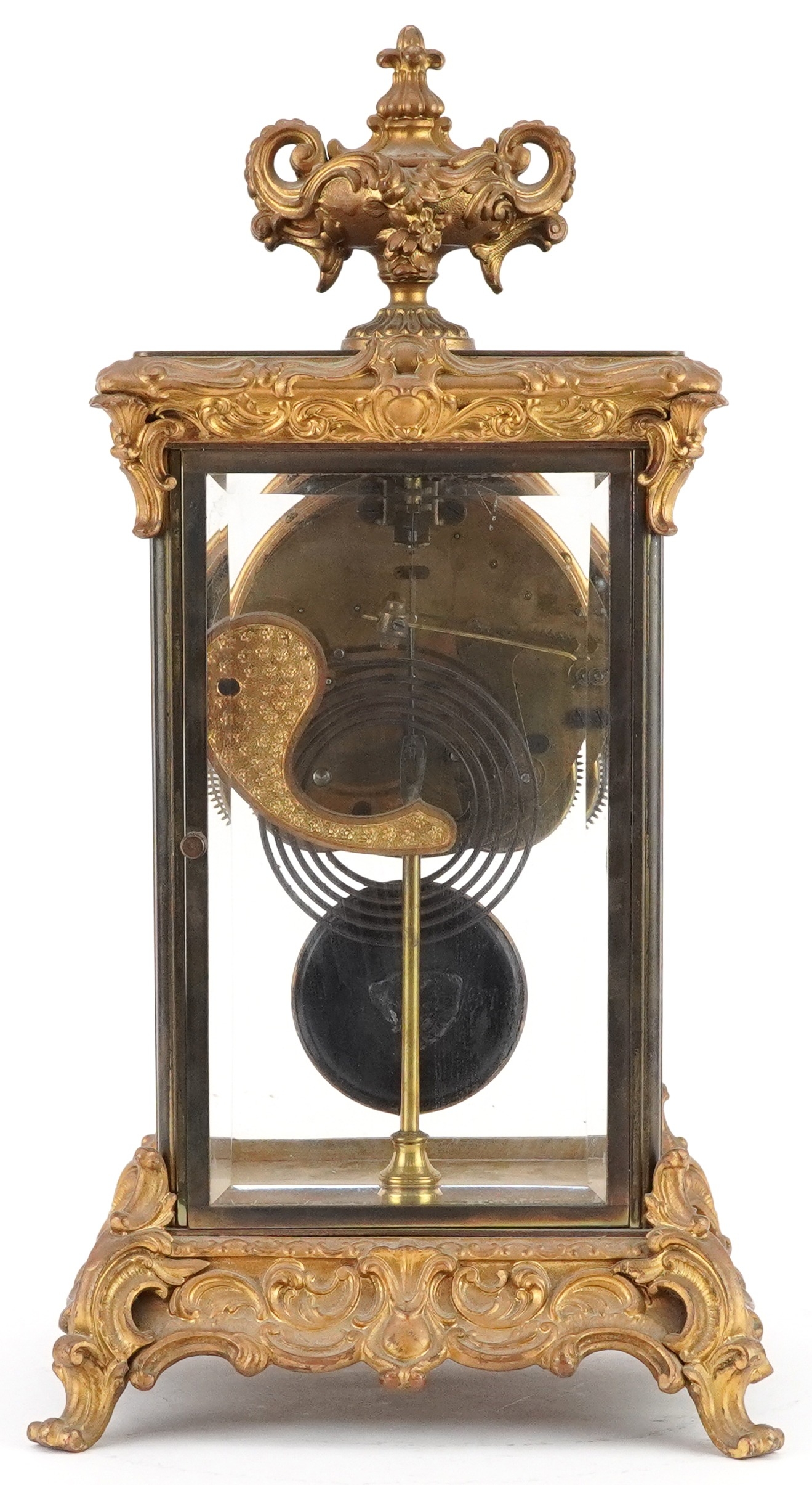 19th century ormolu four glass mantle clock striking on a gong with urn finial and circular - Image 5 of 8